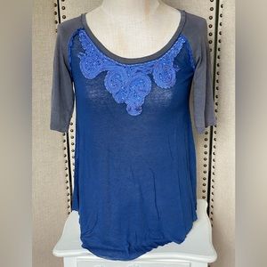 Free People Linen Blend Embroidered Shortsleeved Top, Small